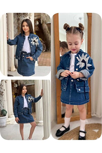 en tarz çocuklar GIRL'S DENIM SKIRT - DENIM JACKET AND T-SHIRT TRIPLE SET-23 APRIL-FESTING