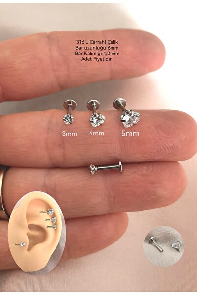 Bylin %100 316L Cerrahi Çelik Tek Taç Kalp Labret Pıercıng-Bar Uzunluğu 6 mm-...
