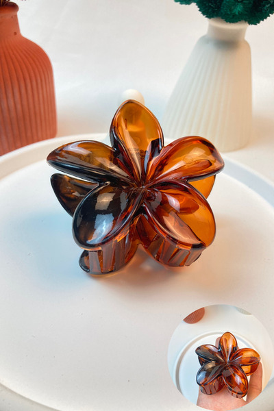 PREGIO Xl Büyük Boy Kahve Leopar Lotus Çiçeği Mandal Saç Tokası