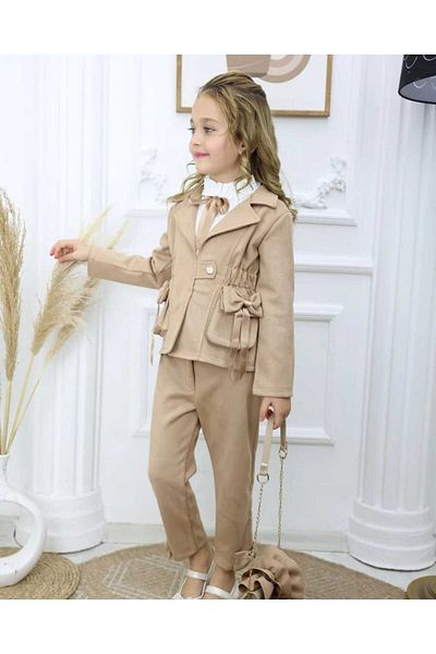 Ribbon kids Suede Bag with Velvet Jacket, Top and Bottom Set for Girls
