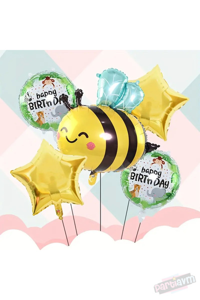 PARTİAVM Sevimli Arı 5'li Doğum Günü Seti Bee Figürlü Balon Gold Yıldız Folyo...