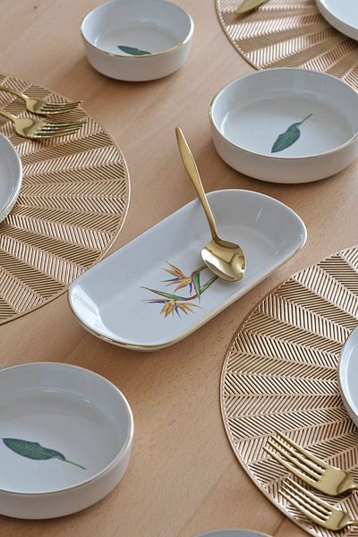 Glore Strelitzia Gold Gilt 14 Piece Ceramic Breakfast Set for 6 People
