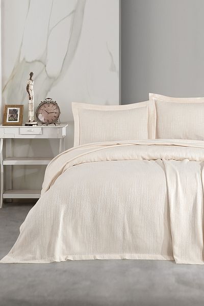 BİRHOME Oscar Cream Double Bed Cover and Pike Set