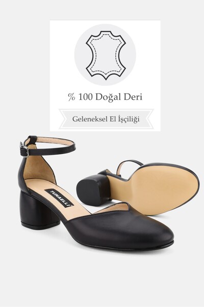 TUNAELLİ WOMEN'S BLACK GENUINE LEATHER NUMBER 35-41 THICK HEEL STRAP SHOES