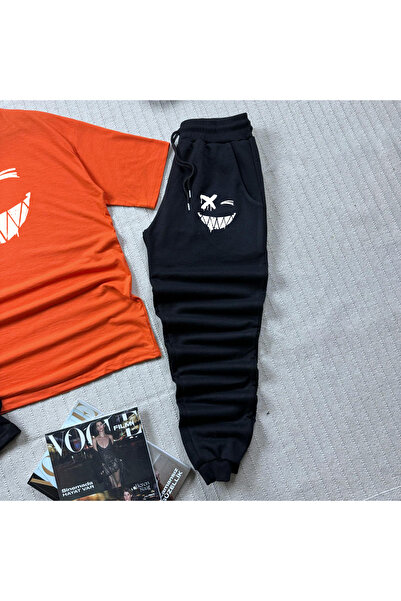 khufu Оверсайз помаранчевий футболка з принтом усміхненого обличчя, чорні шорти та спортивний костюм, 3-комплектний набір, унісекс