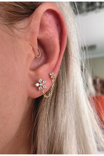 Bylin Çift Çiçekli, Zincirli Cerrahi Çelik Piercing Küpesi- Bar Uzunluğu 6 mm-kalınlığı 1 mm-1 Adet