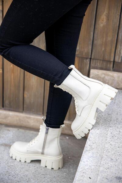 FSKOMBİN Marley Kısa Ekru Gerçek Deri Kadın Postal