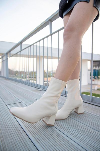FSKOMBİN Vista Stretch Ecru Leather Women's Heeled Boots
