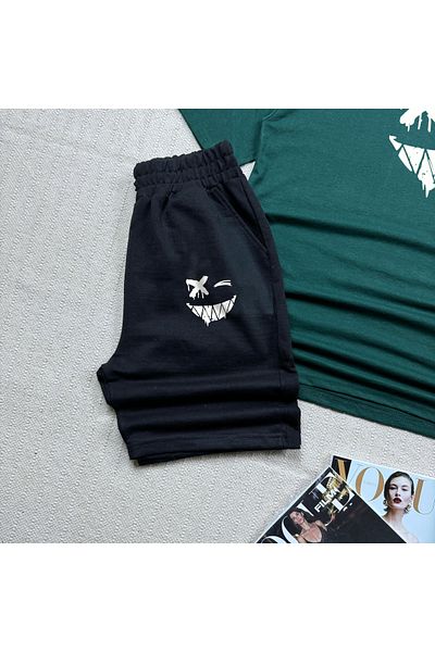 khufu Oversize Nefti Green Relaxed Cut Smiling Face Printed T-shirt Black Shorts and Sweatpants 3-Piece Set Unisex