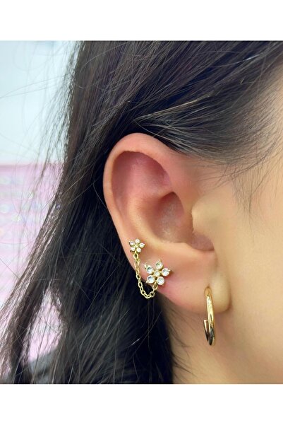 Bylin Çift Çiçekli, Zincirli Cerrahi Çelik Piercing Küpesi- Bar Uzunluğu 6 mm-kalınlığı 1 mm-1 Adet