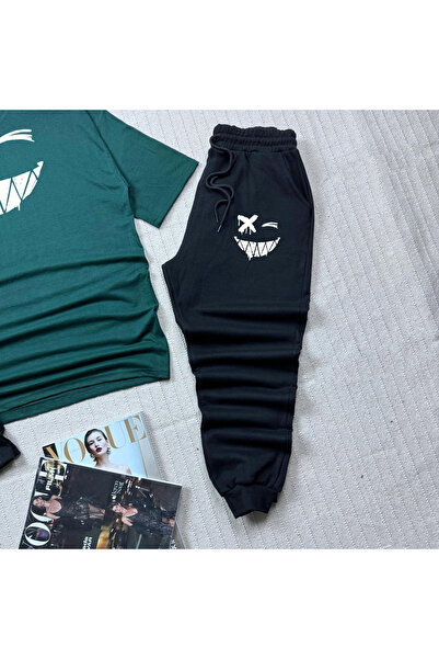 khufu Oversize Nefti Green Relaxed Cut Smiley Face εμπριμέ μπλουζάκι μαύρο σορτς και φούτερ 3 τεμαχίων Unisex