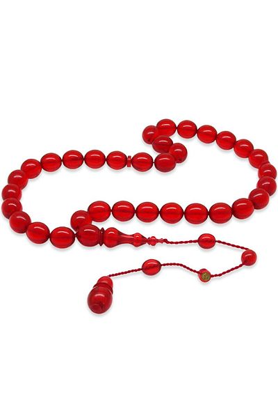Tesbihane Special Cut Coral Red Stick Tightening Amber Prayer Beads with System, Each with Master Workmanship