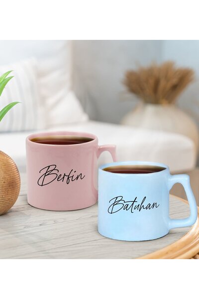 Bk Gift Kişiye Özel İsimli Pastel Pembe ve Mavi 2'li Middle Kupa Bardak Seti-...