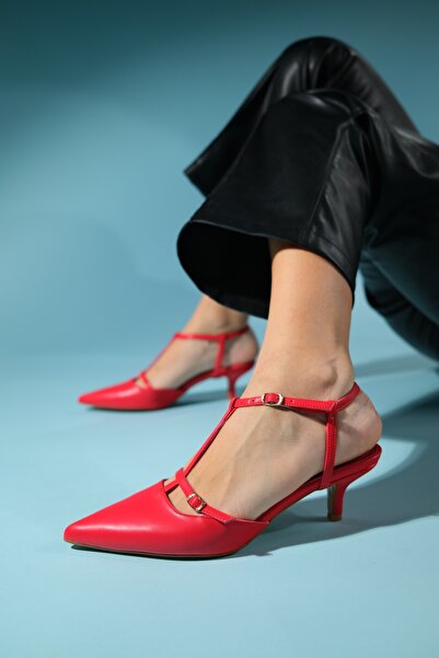 LuviShoes FRANS Kırmızı Cilt Kadın Sivri Burun Arkası Açık Kısa Topuklu Ayakkabı