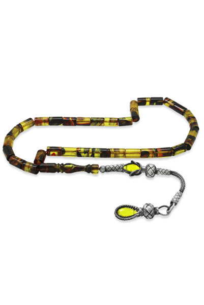 Tesbihane Ασημένιο 1000 καρατίων Kazaz με φούντα κομμένο σε σχήμα Bala-Black Fire Amber Tasbih