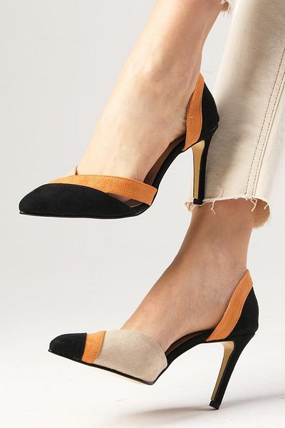Mio Gusto Anita Black Color Suede Color Blocked Women's Stiletto Heeled Shoes