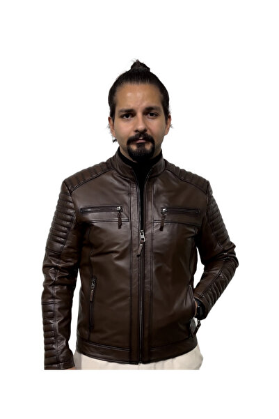 db deriburada original Men's New Biker Model Brown Genuine Leather Coat