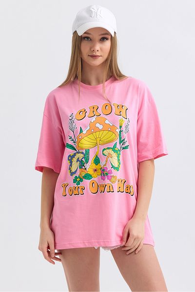 MD trend Tricou supradimensionat din bumbac imprimat cu creștere în față pentru femei