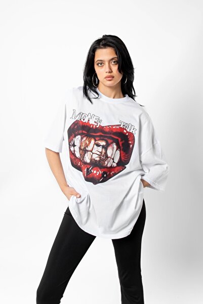 Bak Moda Bela Oversize kroj Unisex T-shirt - Money Talk Štampano