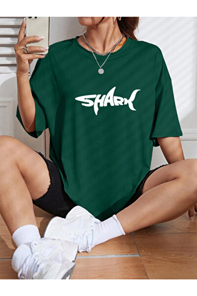 Revasser Unisex Kadın/Erkek Shark Renkli Özel Baskılı Oversize Pamuk Bisiklet...