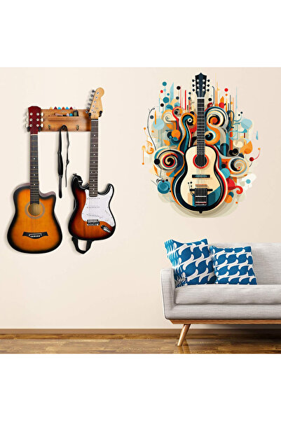 MAARS Soft Renklerde Gitar Desenli Duvar Stickerı - Müzik Temalı Dekorasyon, ...