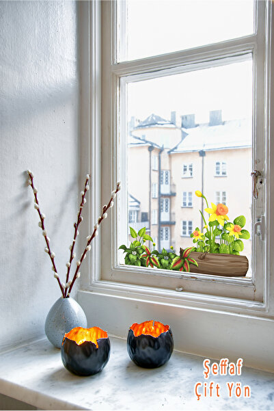 MAARS Nergis Yaprak ve Kütük Desenli Şeffaf Cam Sticker - Doğal Temalı Dekora...