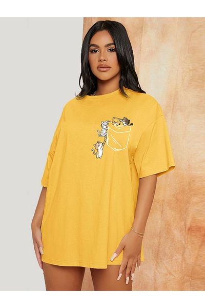 Revasser Unisex Γυναικεία/Ανδρικά CAT Πολύχρωμο, προσαρμοσμένο εμπριμέ, υπερμεγέθη βαμβακερό χτενισμένο βαμβακερό μπλουζάκι