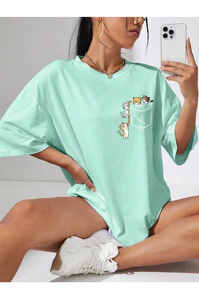 Revasser Unisex Γυναικεία/Ανδρικά CAT Πολύχρωμο, προσαρμοσμένο εμπριμέ, υπερμεγέθη βαμβακερό χτενισμένο βαμβακερό μπλουζάκι