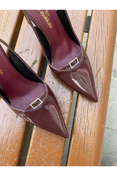 AZLAYAYAKKABI Stoned Claret Red Patent Leather Women's Heeled Shoes