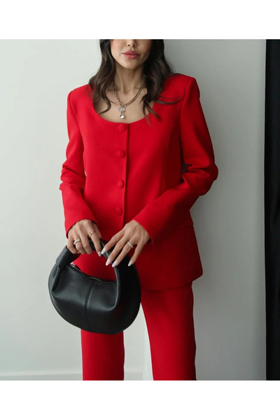 My Blog Rotes Premium-Jacken-Hose-Set mit rundem Kragen