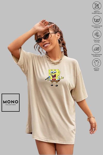 MONO COLLECTİON MONO COLLECTION Unisex Oversize Crew Neck Βαμβακερό μπλουζάκι με στάμπα με κοντό μανίκι
