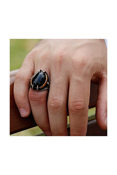 Tesbihane Pençe Tasarım Siyah Oniks Taşlı 925 Ayar Gümüş Erkek Yüzük 102000407