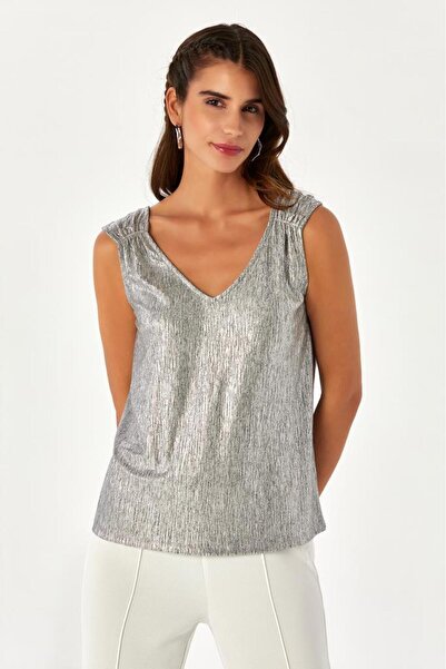 İKİLER V-Neck Glitter Printed Sleeveless Blouse 024-1047