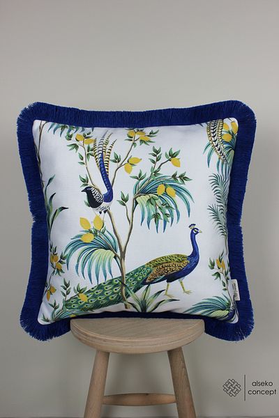 Alseko Concept Ciucuri bleumarin, model păun, husă de pernă pătrată decorativă 43x43cm
