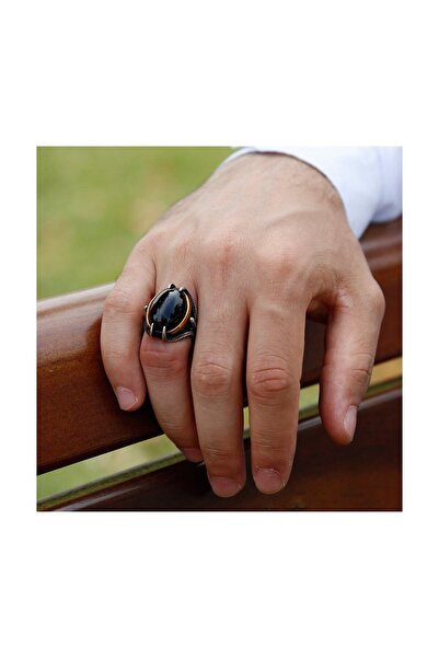 Tesbihane Pençe Tasarım Siyah Oniks Taşlı 925 Ayar Gümüş Erkek Yüzük 102000407
