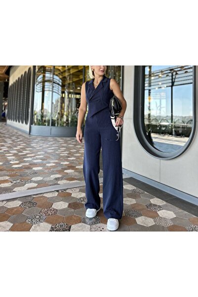 Kedi Fashion Çizlili Lacivert Tulum