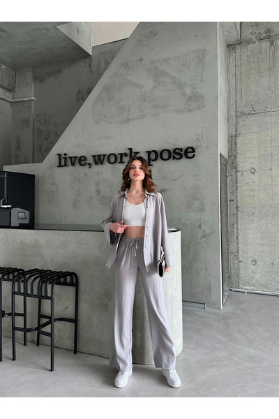 Laluvia Gray Textured Shirt Trousers Set