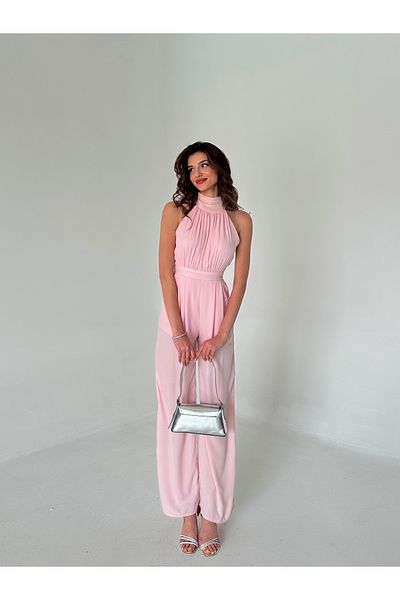 Laluvia Langer Overall mit Neckholder-Kragen in Puder
