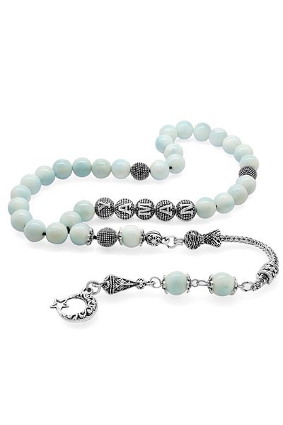Tesbihane Darkarmaz Metal Tasseled Globe Cut Larimar Natural Stone Rosary
