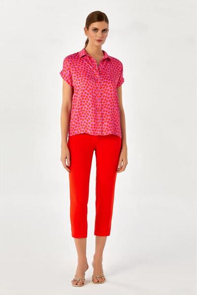 İKİLER Önü Düğmeli Düşük Kol Puan Desenli Bluz 024-3000