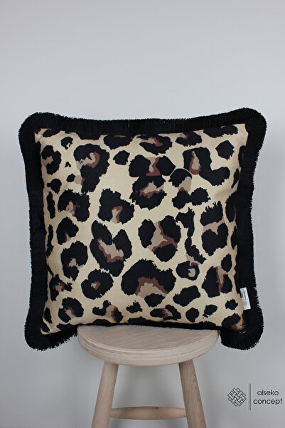 Alseko Concept شرابة سوداء، نمط الفهد، غطاء وسادة مربع مزخرف مقاس 43 × 43 سم