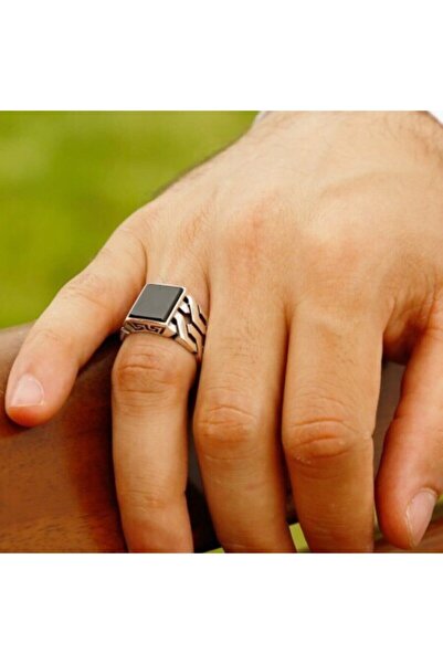 Tesbihane Erkek Siyah Zincir Tasarım Oniks Taşlı 925 Ayar Gümüş Yüzük