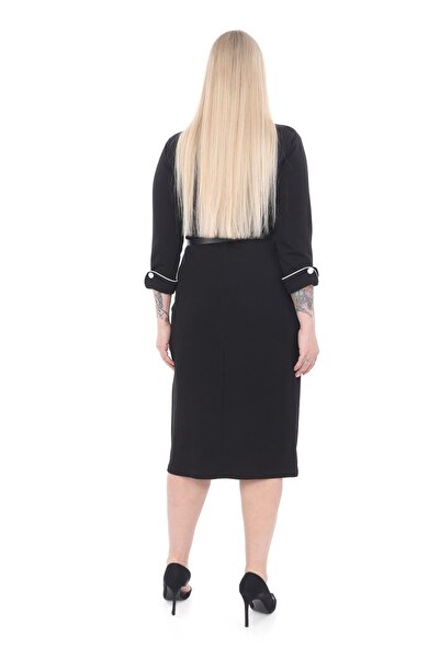 etselements Modapo Λευκό ριγέ φόρεμα μεγάλου μεγέθους - με λεπτομέρεια κουμπιού και ζώνη 5299