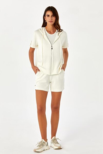 İKİLER Önü Fermuarlı Kapüşonlu Kısa Kol Cepli S-Shirt 024-2108