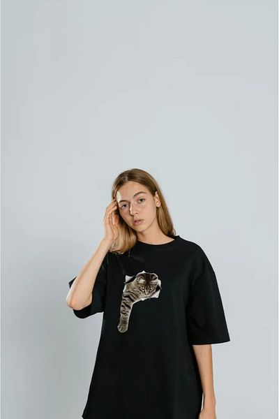 Pink Sky Unisex Μαύρο μπλουζάκι 3d Kitten Visual