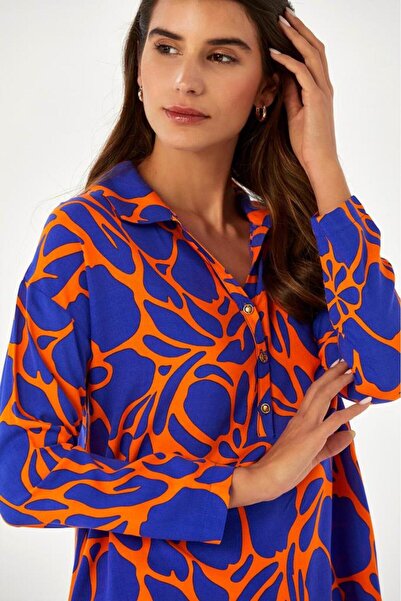 İKİLER Gömlek Yaka Önü Düğmeli Desenli Bluz 024-3004