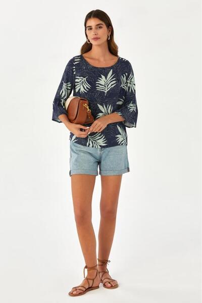 İKİLER Kolları Volanlı Desenli Bluz 024-3010