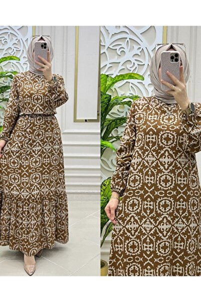 WAPP فستان حجاب نسائي من قماش الفيسكوز بلون الكراميل مع حزام متنقل وسحاب خلفي