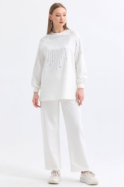 MD trend Women's Stone Detailed Sweatshirt and Trousers Bottom Top Sweatshirt Set