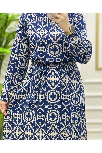 WAPP Women's Saks Blue Viscose Fabric Mobile Belt Back Zipper Hijab Dress